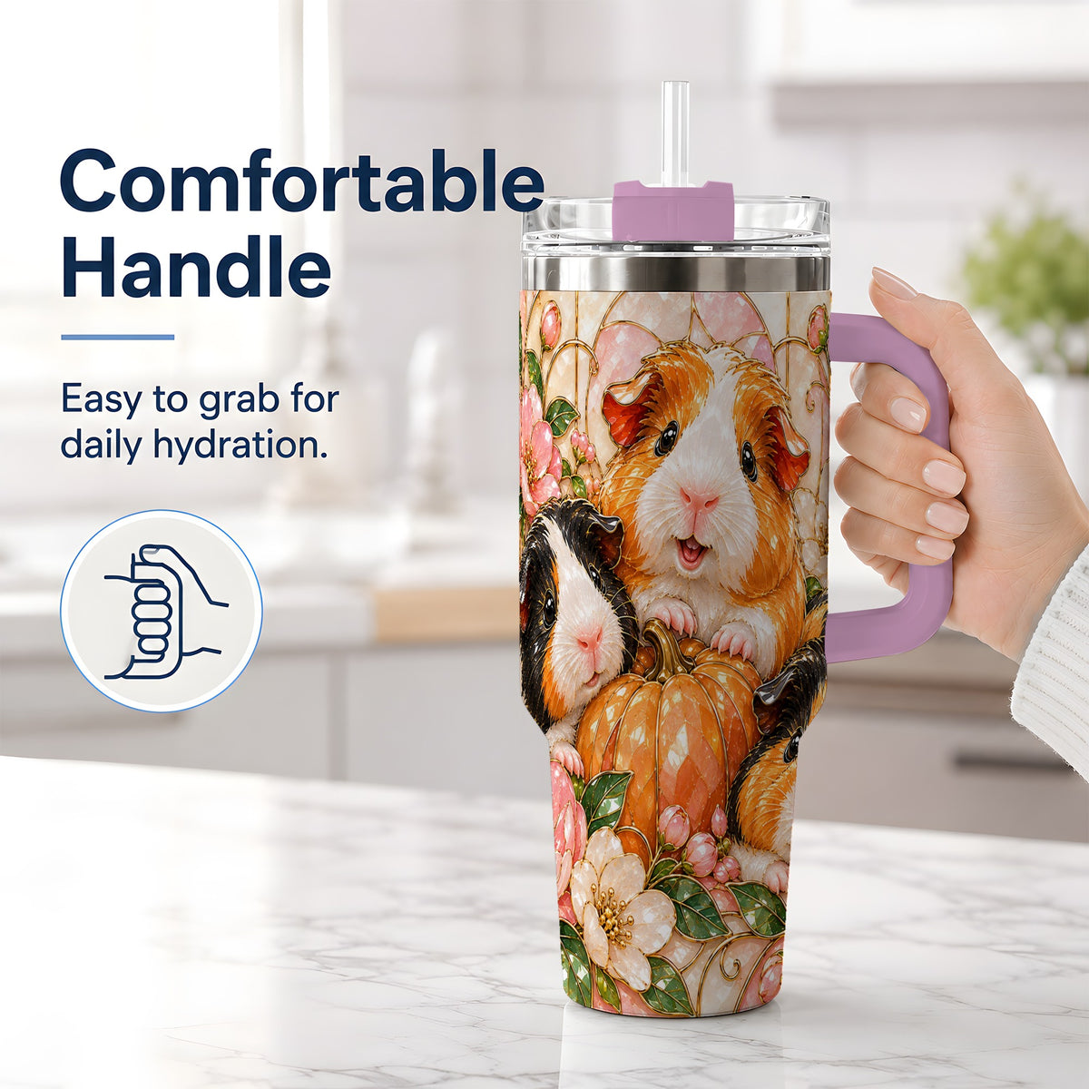 #pl[40oz|Pink] Fall Guinea Pig 40oz Tumbler, Pumpkin Floral Artwork for Pet Lovers