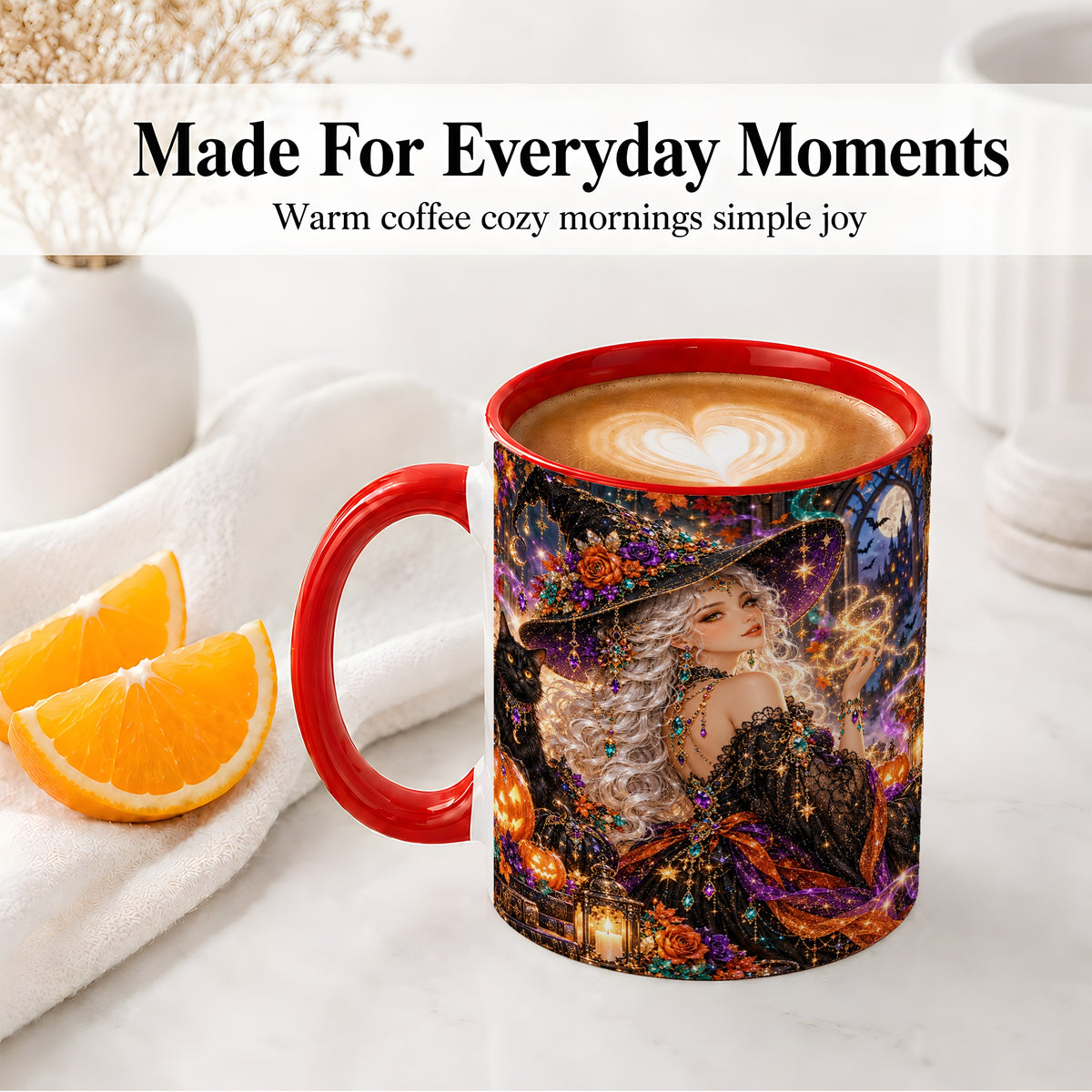 #pl[11oz|Red] Halloween Witch Ceramic Mug with Black Cat and Pumpkin Artwork