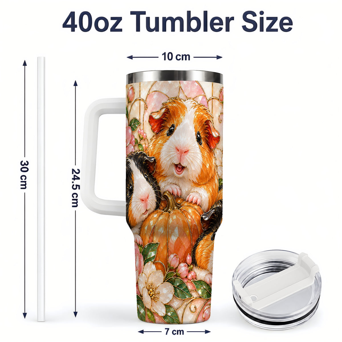 #pl[40oz|White] Fall Guinea Pig 40oz Tumbler, Pumpkin Floral Artwork for Pet Lovers