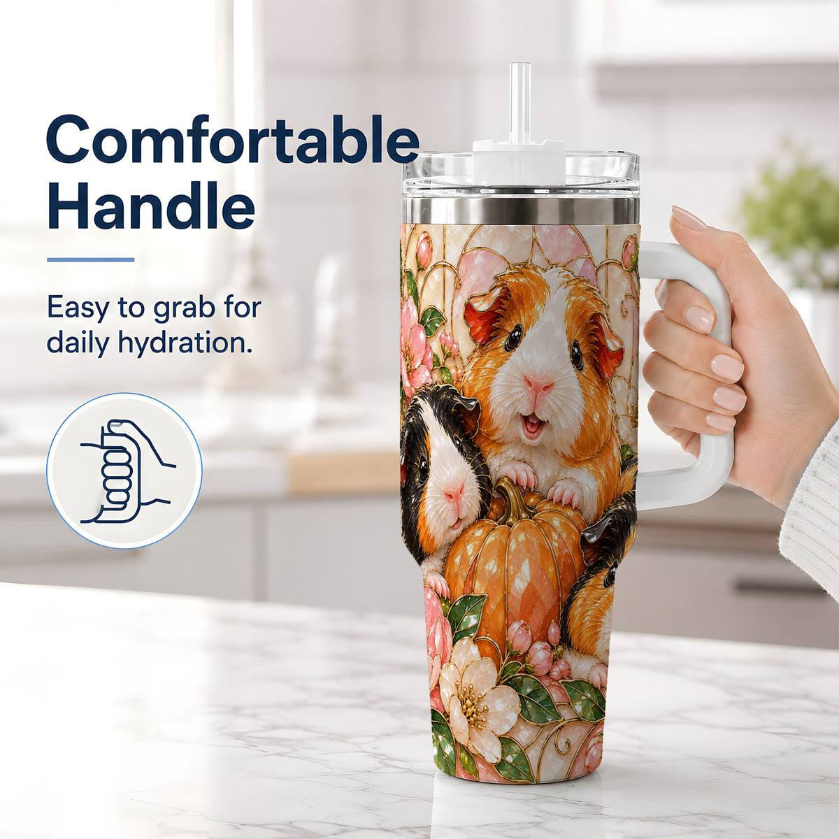 #pl[40oz|White] Fall Guinea Pig 40oz Tumbler, Pumpkin Floral Artwork for Pet Lovers