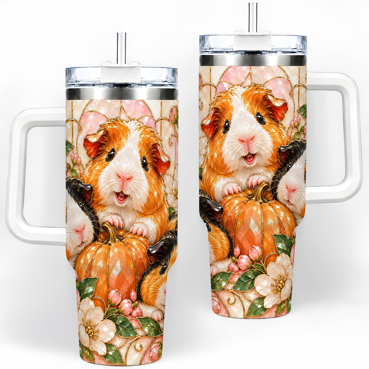 Fall Guinea Pig 40oz Tumbler, Pumpkin Floral Artwork for Pet Lovers