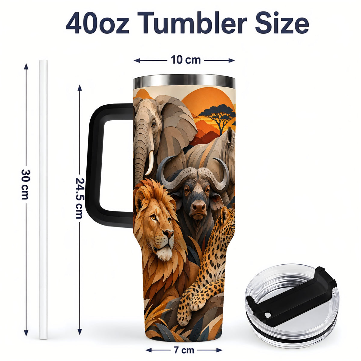 #pl[40oz|Black] Safari Wildlife 40oz Tumbler, African Animal Artwork for Nature Fans
