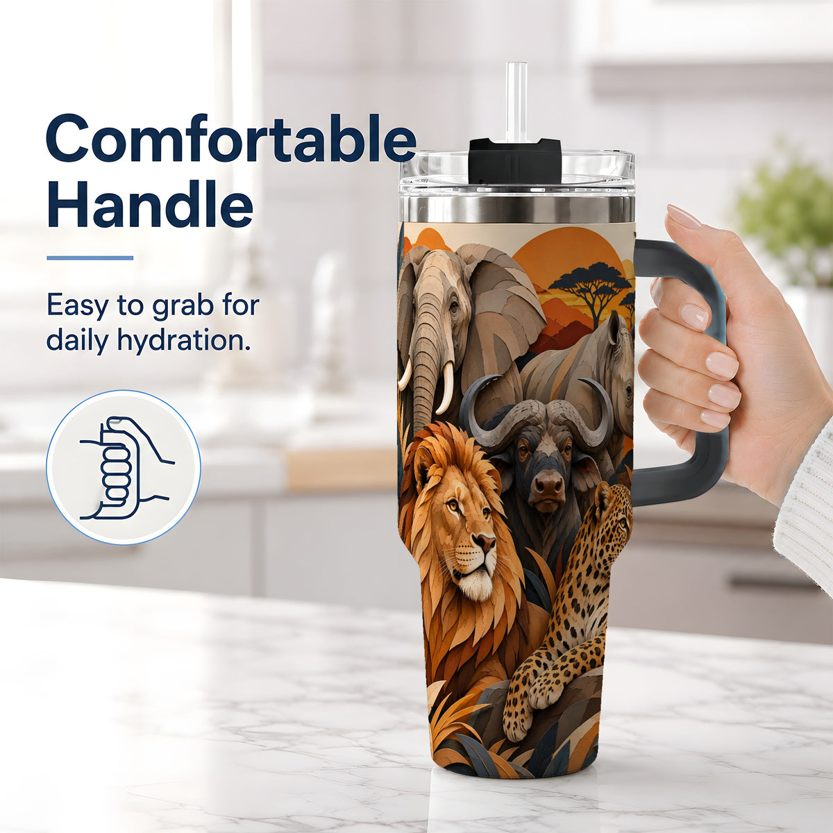 #pl[40oz|Black] Safari Wildlife 40oz Tumbler, African Animal Artwork for Nature Fans