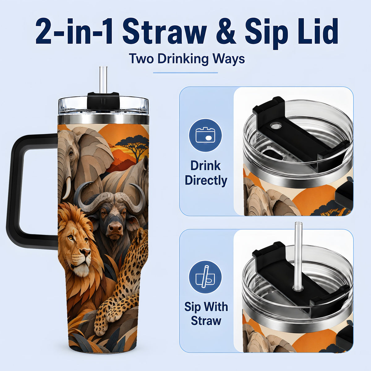 #pl[40oz|Black] Safari Wildlife 40oz Tumbler, African Animal Artwork for Nature Fans