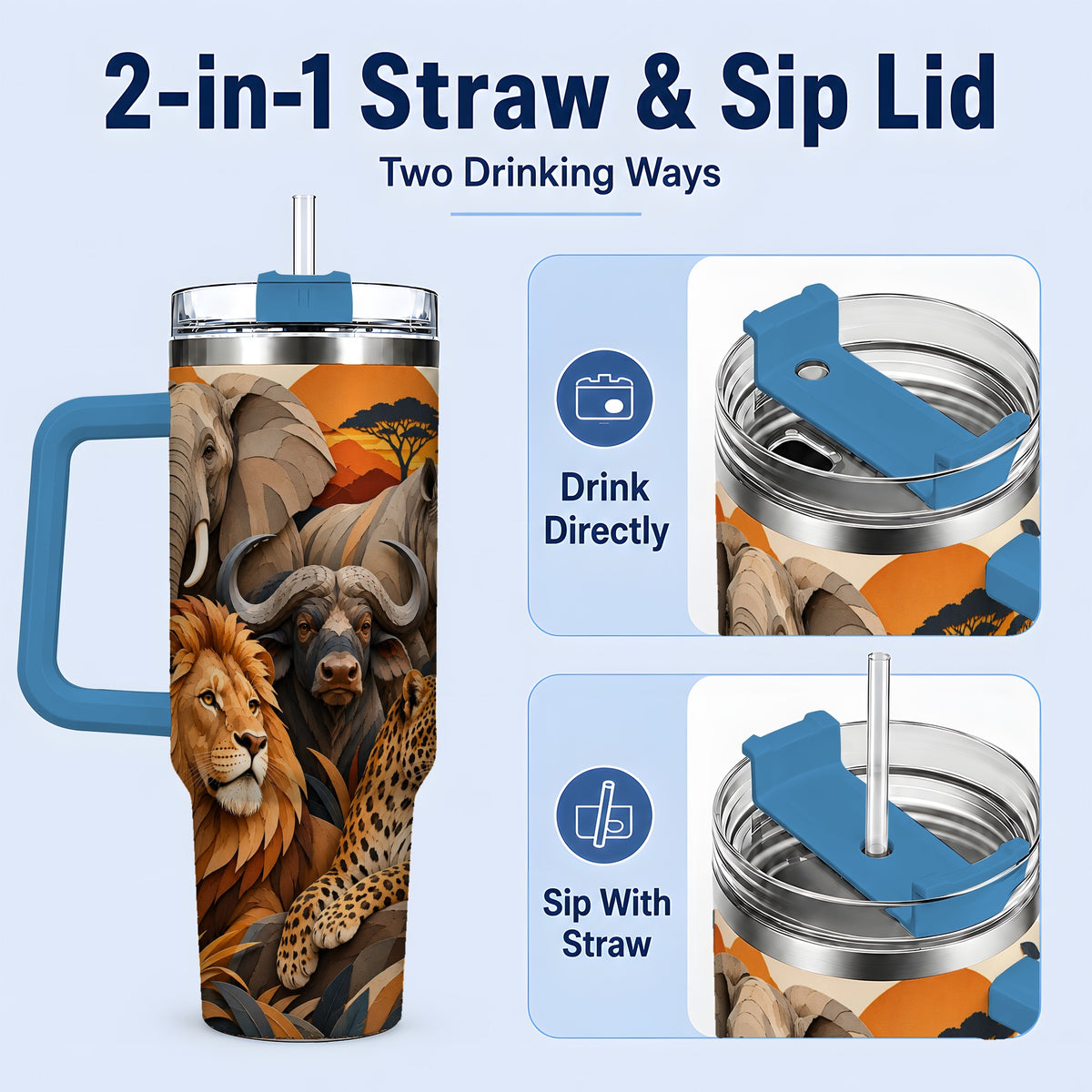 #pl[40oz|Blue] Safari Wildlife 40oz Tumbler, African Animal Artwork for Nature Fans