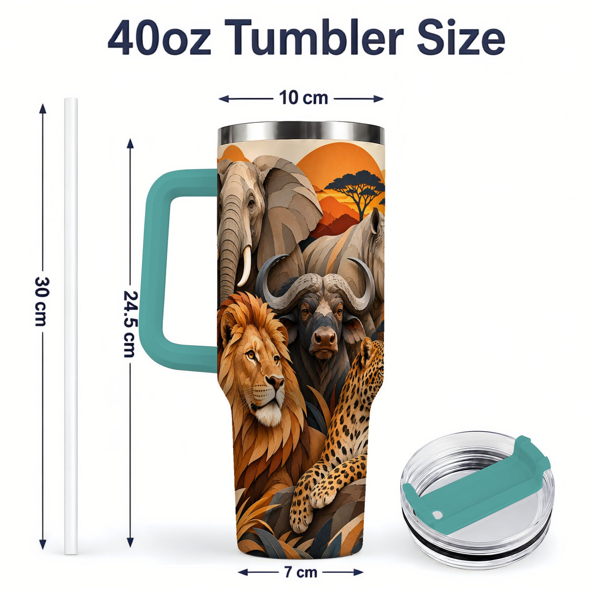 #pl[40oz|Green] Safari Wildlife 40oz Tumbler, African Animal Artwork for Nature Fans