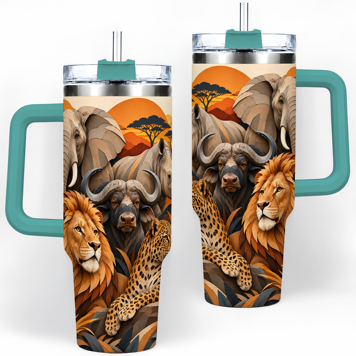 #pl[40oz|Green] Safari Wildlife 40oz Tumbler, African Animal Artwork for Nature Fans