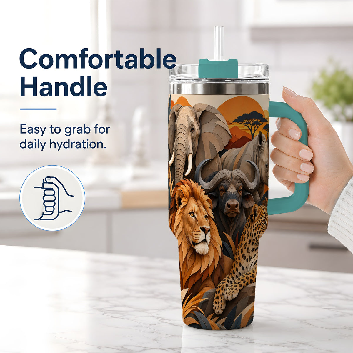 #pl[40oz|Green] Safari Wildlife 40oz Tumbler, African Animal Artwork for Nature Fans