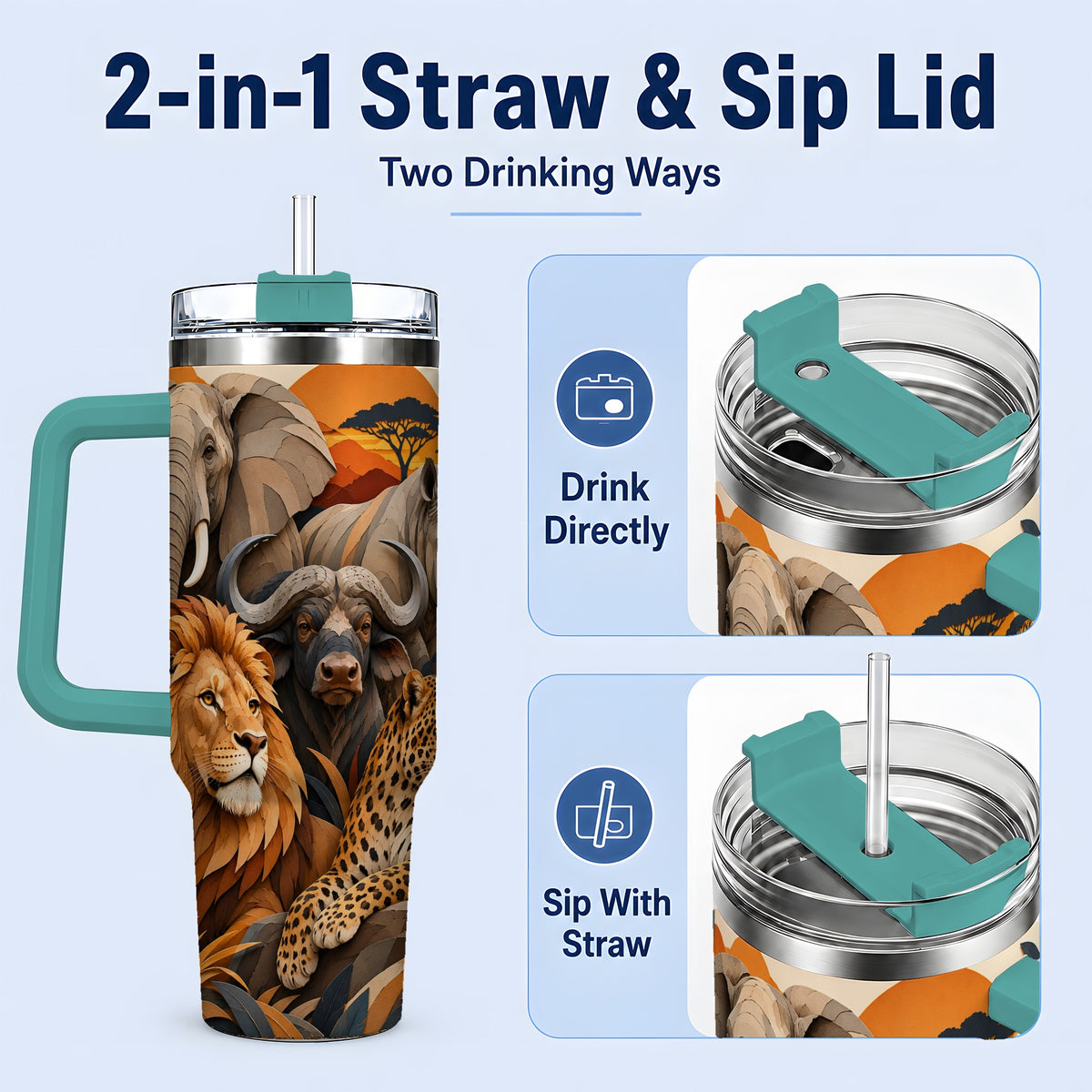 #pl[40oz|Green] Safari Wildlife 40oz Tumbler, African Animal Artwork for Nature Fans