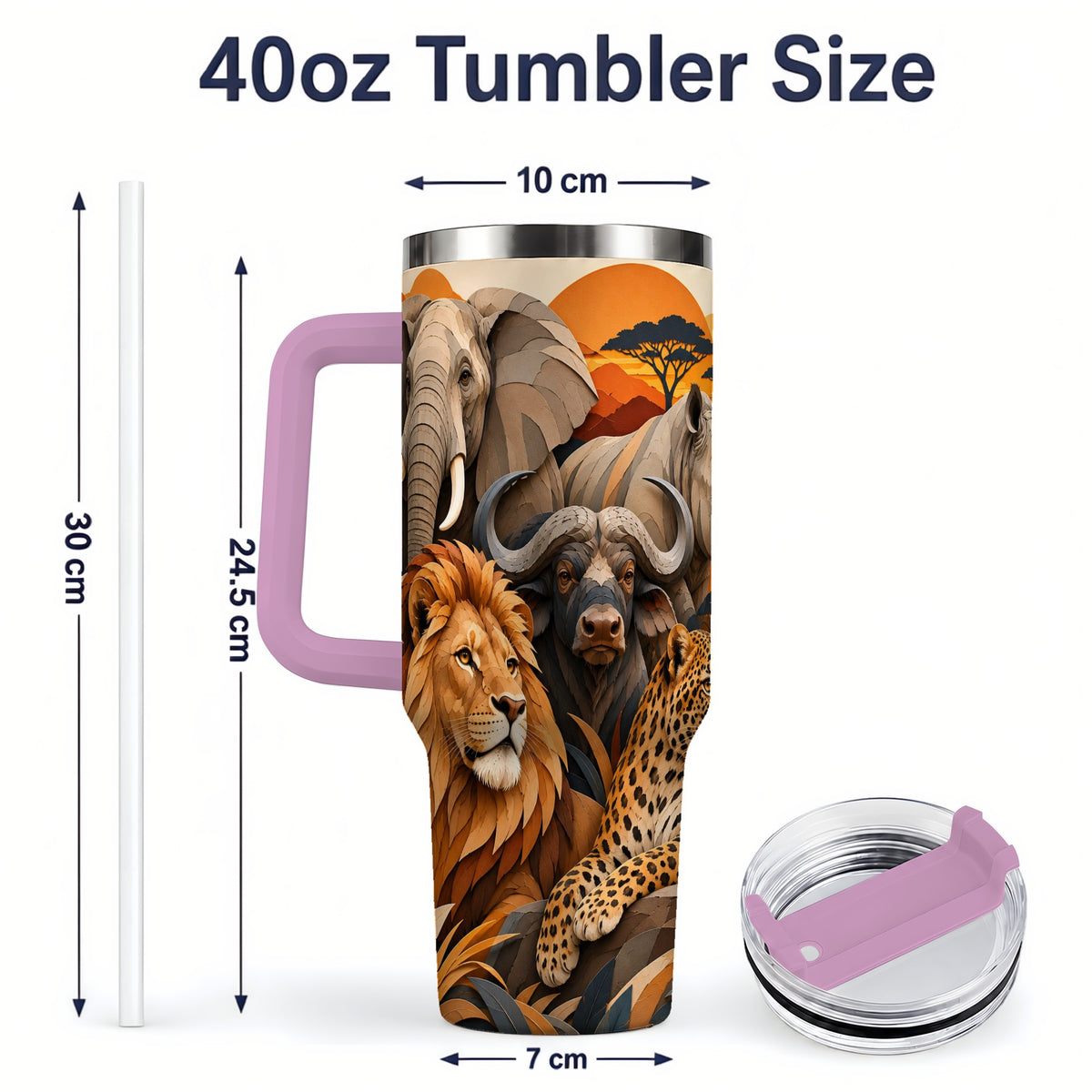 #pl[40oz|Pink] Safari Wildlife 40oz Tumbler, African Animal Artwork for Nature Fans