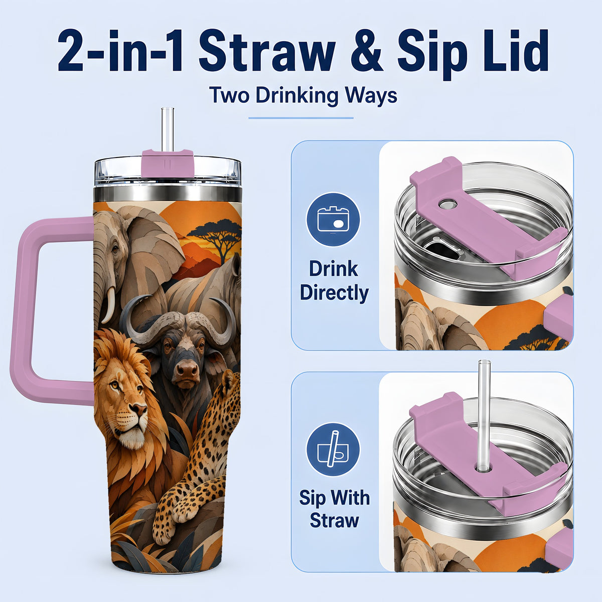 #pl[40oz|Pink] Safari Wildlife 40oz Tumbler, African Animal Artwork for Nature Fans