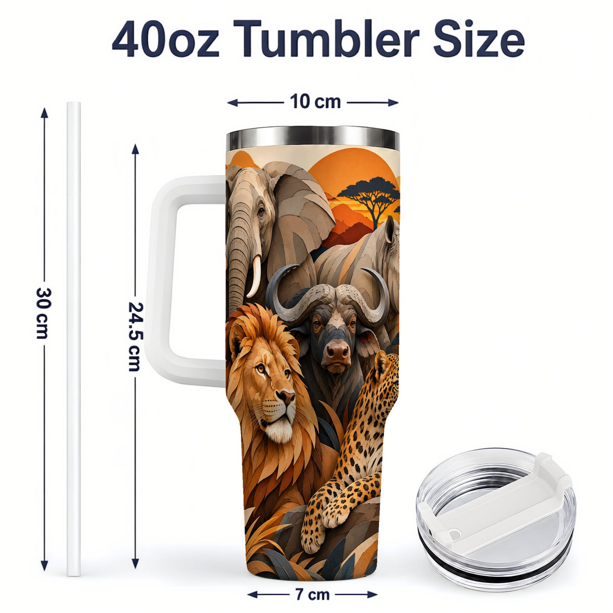 #pl[40oz|White] Safari Wildlife 40oz Tumbler, African Animal Artwork for Nature Fans