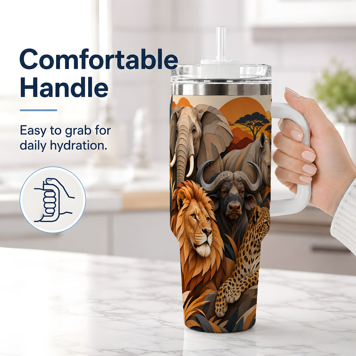 #pl[40oz|White] Safari Wildlife 40oz Tumbler, African Animal Artwork for Nature Fans