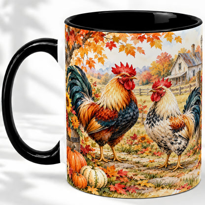 #pl[11oz|Black] Autumn Rooster Ceramic Mug with Farm, Pumpkin and Fall Leaf Artwork