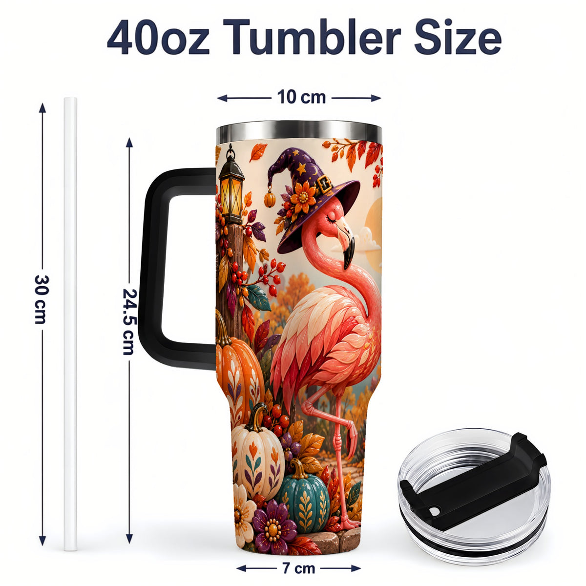 #pl[40oz|Black] Halloween Flamingo 40oz Tumbler, Witch Hat Pumpkin Art for Fall Fans