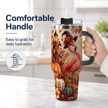 #pl[40oz|Black] Halloween Flamingo 40oz Tumbler, Witch Hat Pumpkin Art for Fall Fans