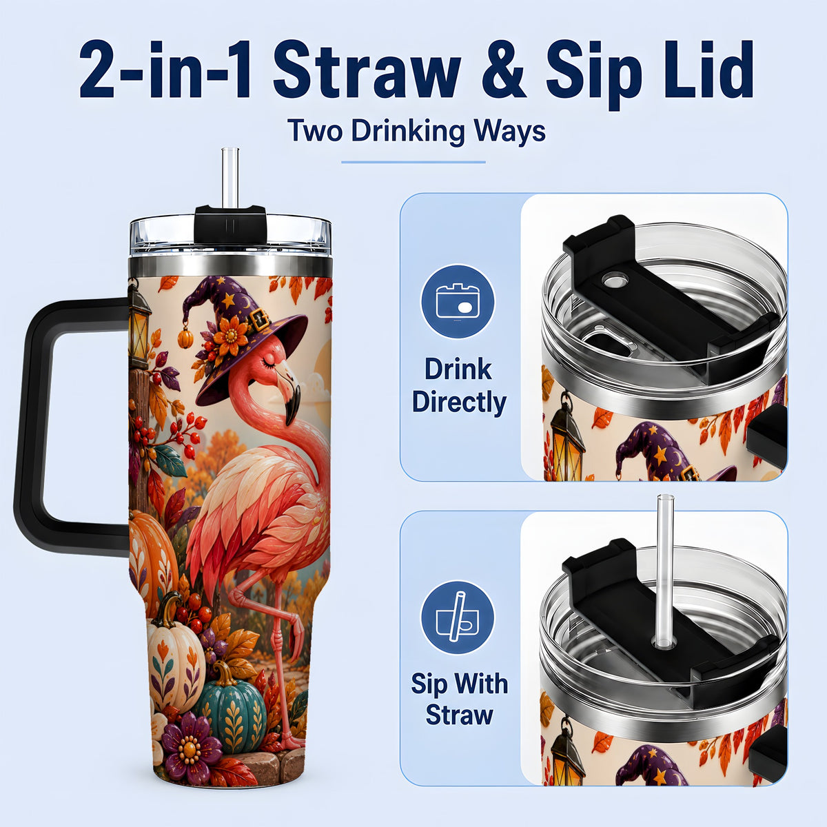 #pl[40oz|Black] Halloween Flamingo 40oz Tumbler, Witch Hat Pumpkin Art for Fall Fans