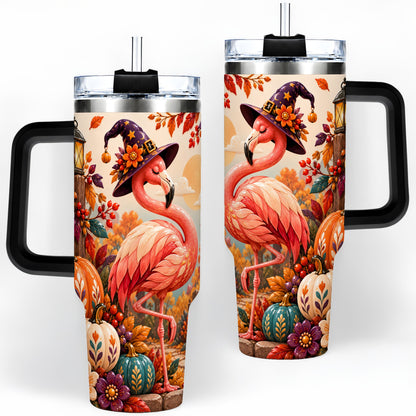 #pl[40oz|Black] Halloween Flamingo 40oz Tumbler, Witch Hat Pumpkin Art for Fall Fans