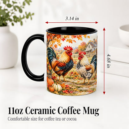 #pl[11oz|Black] Autumn Rooster Ceramic Mug with Farm, Pumpkin and Fall Leaf Artwork
