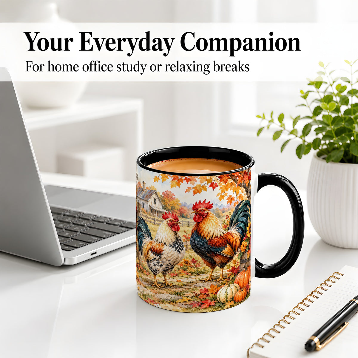 #pl[11oz|Black] Autumn Rooster Ceramic Mug with Farm, Pumpkin and Fall Leaf Artwork