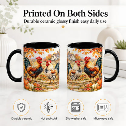 #pl[11oz|Black] Autumn Rooster Ceramic Mug with Farm, Pumpkin and Fall Leaf Artwork