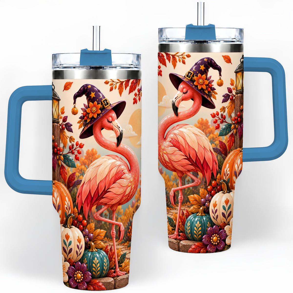 #pl[40oz|Blue] Halloween Flamingo 40oz Tumbler, Witch Hat Pumpkin Art for Fall Fans