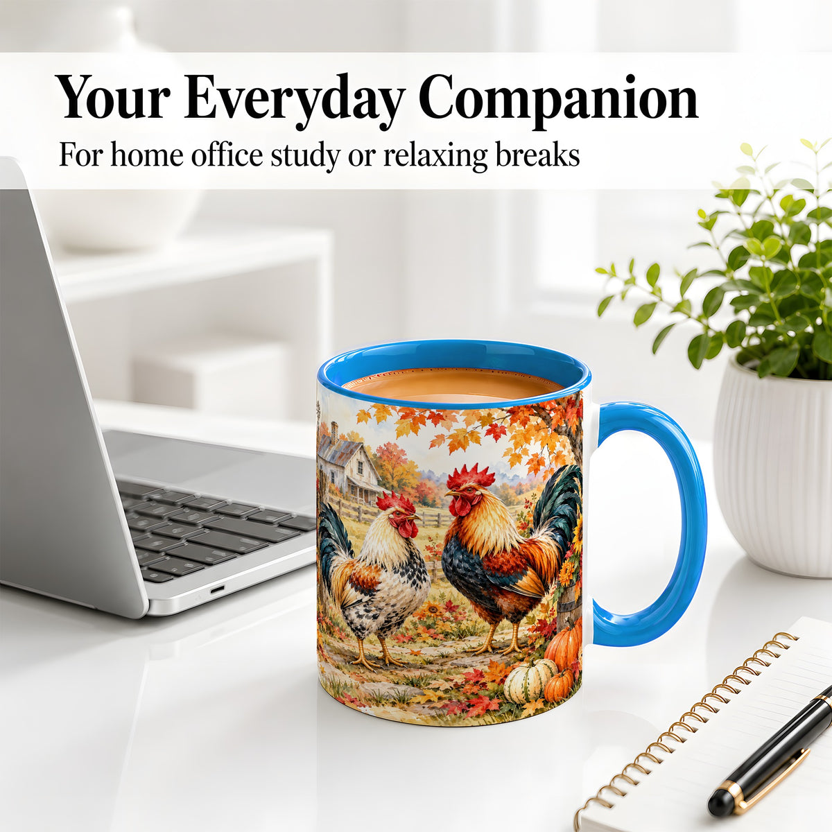 #pl[11oz|Blue] Autumn Rooster Ceramic Mug with Farm, Pumpkin and Fall Leaf Artwork