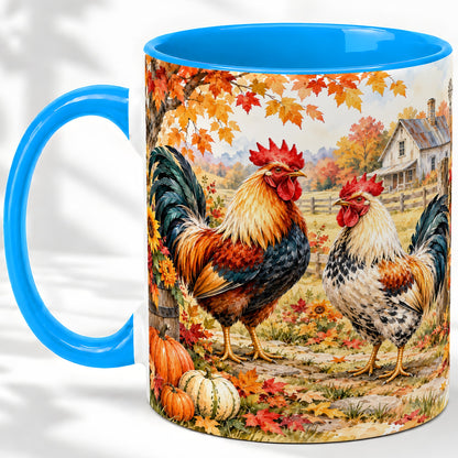 #pl[11oz|Blue] Autumn Rooster Ceramic Mug with Farm, Pumpkin and Fall Leaf Artwork