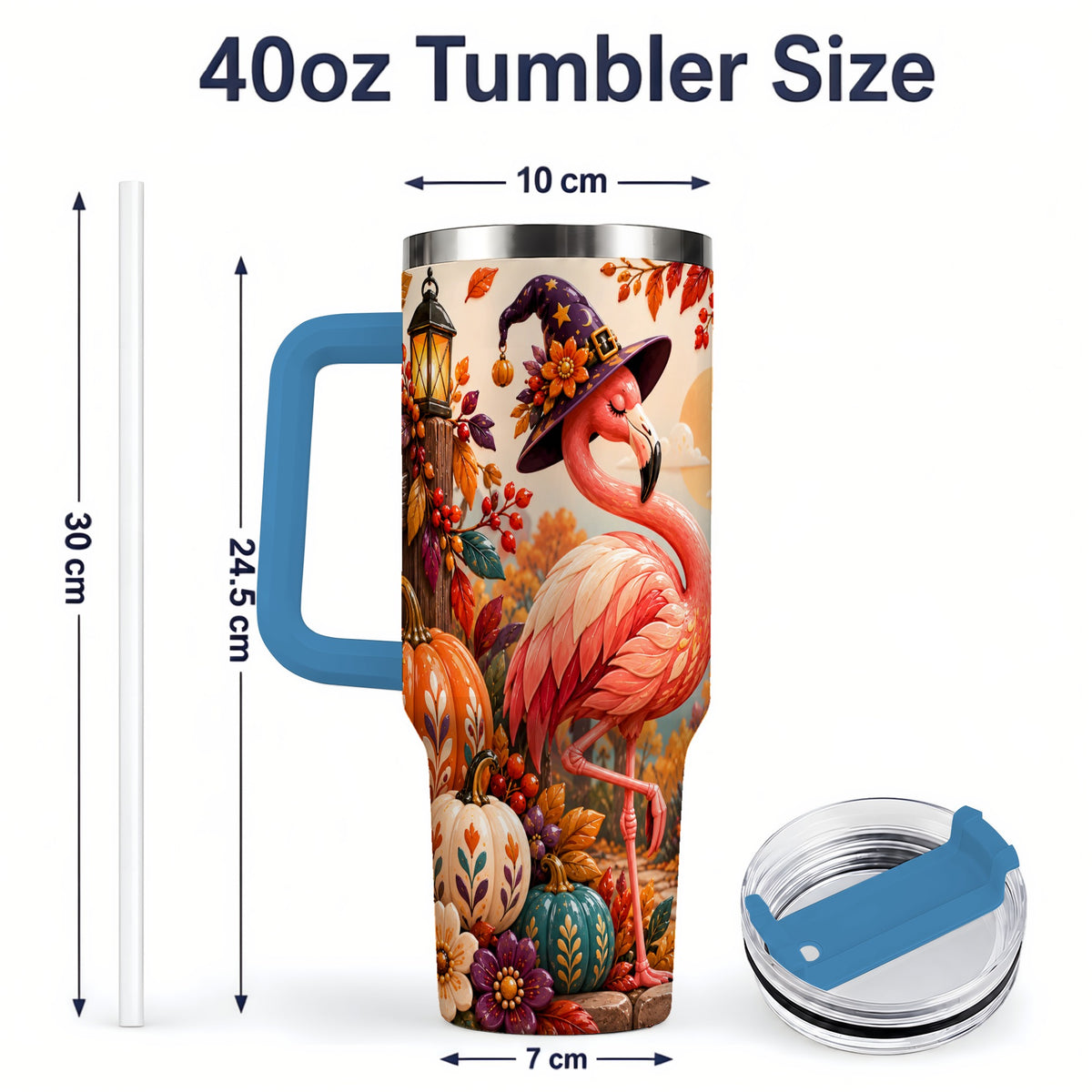#pl[40oz|Blue] Halloween Flamingo 40oz Tumbler, Witch Hat Pumpkin Art for Fall Fans
