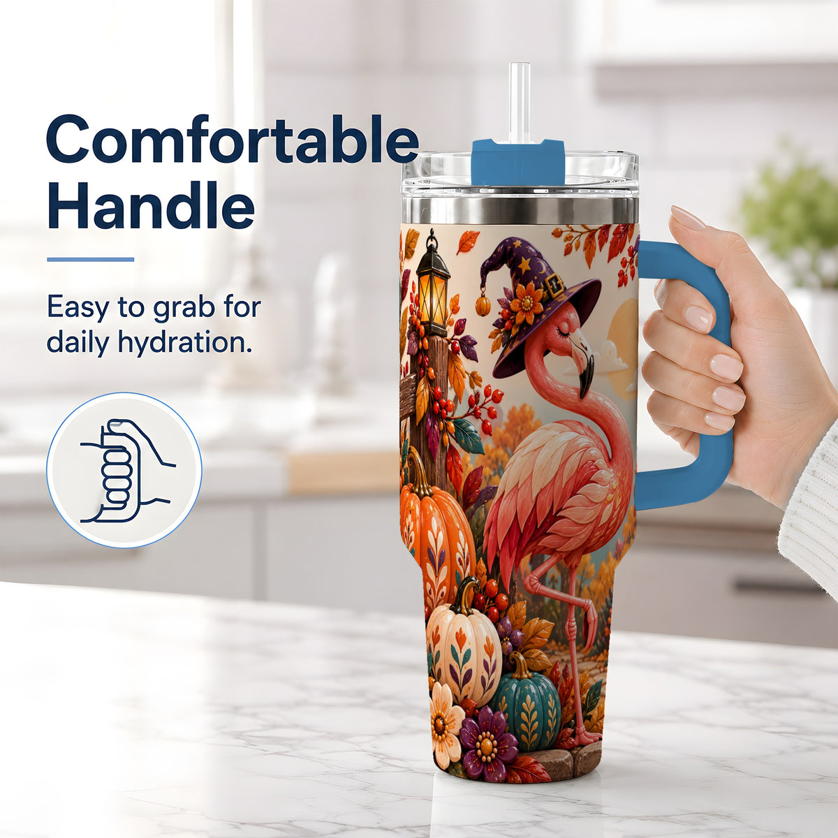 #pl[40oz|Blue] Halloween Flamingo 40oz Tumbler, Witch Hat Pumpkin Art for Fall Fans