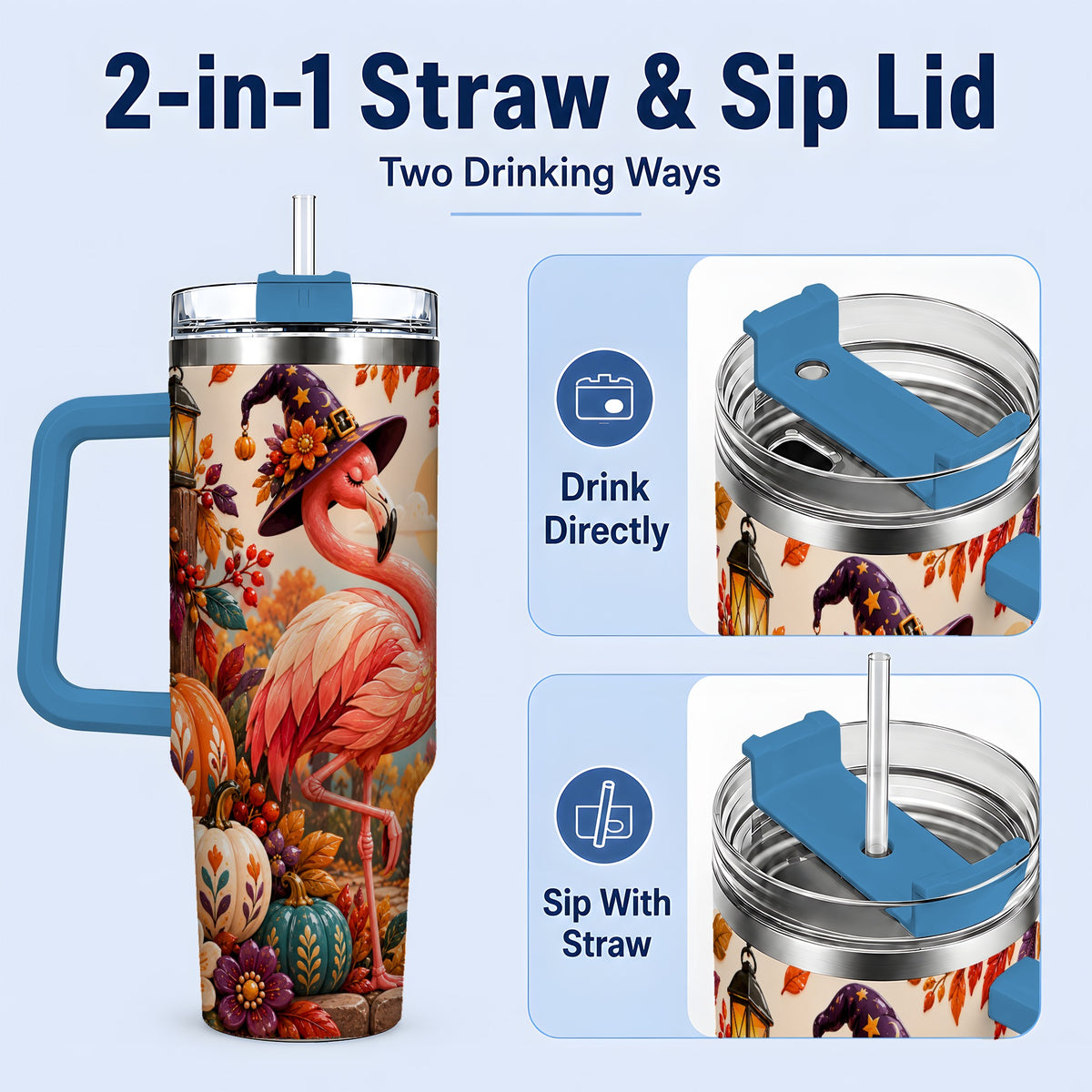 #pl[40oz|Blue] Halloween Flamingo 40oz Tumbler, Witch Hat Pumpkin Art for Fall Fans