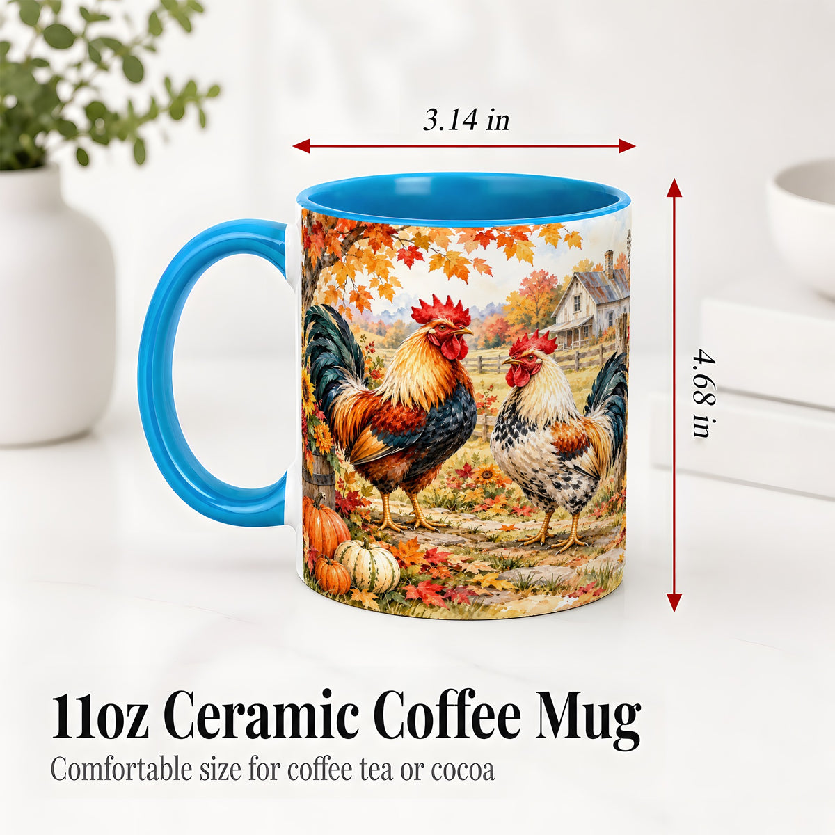#pl[11oz|Blue] Autumn Rooster Ceramic Mug with Farm, Pumpkin and Fall Leaf Artwork