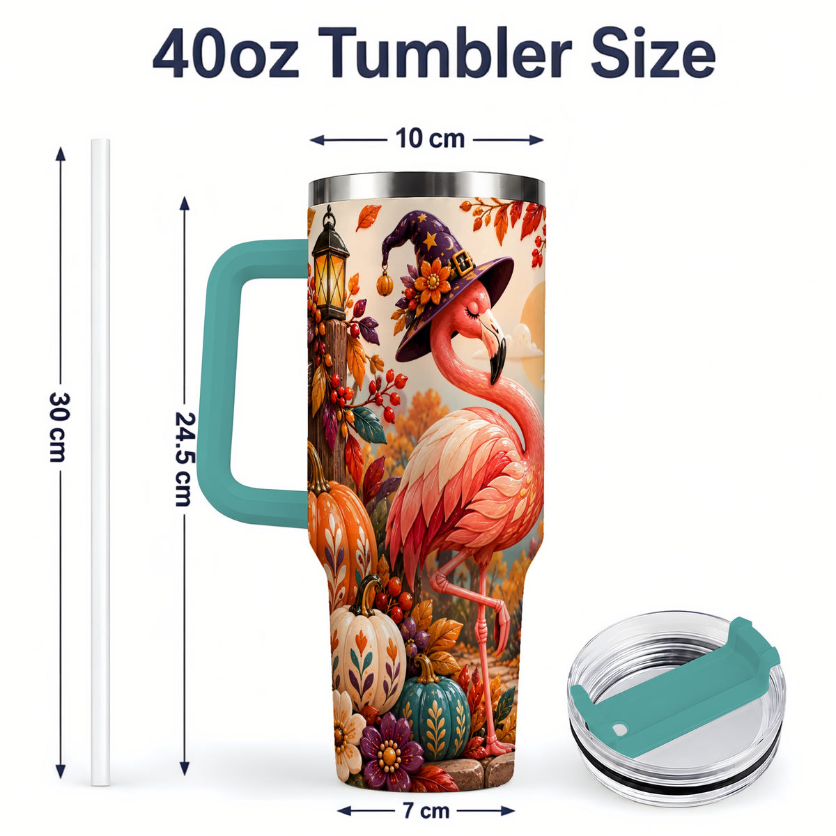 #pl[40oz|Green] Halloween Flamingo 40oz Tumbler, Witch Hat Pumpkin Art for Fall Fans