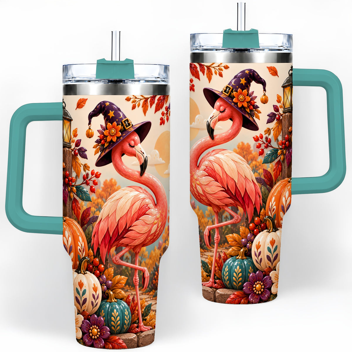 #pl[40oz|Green] Halloween Flamingo 40oz Tumbler, Witch Hat Pumpkin Art for Fall Fans