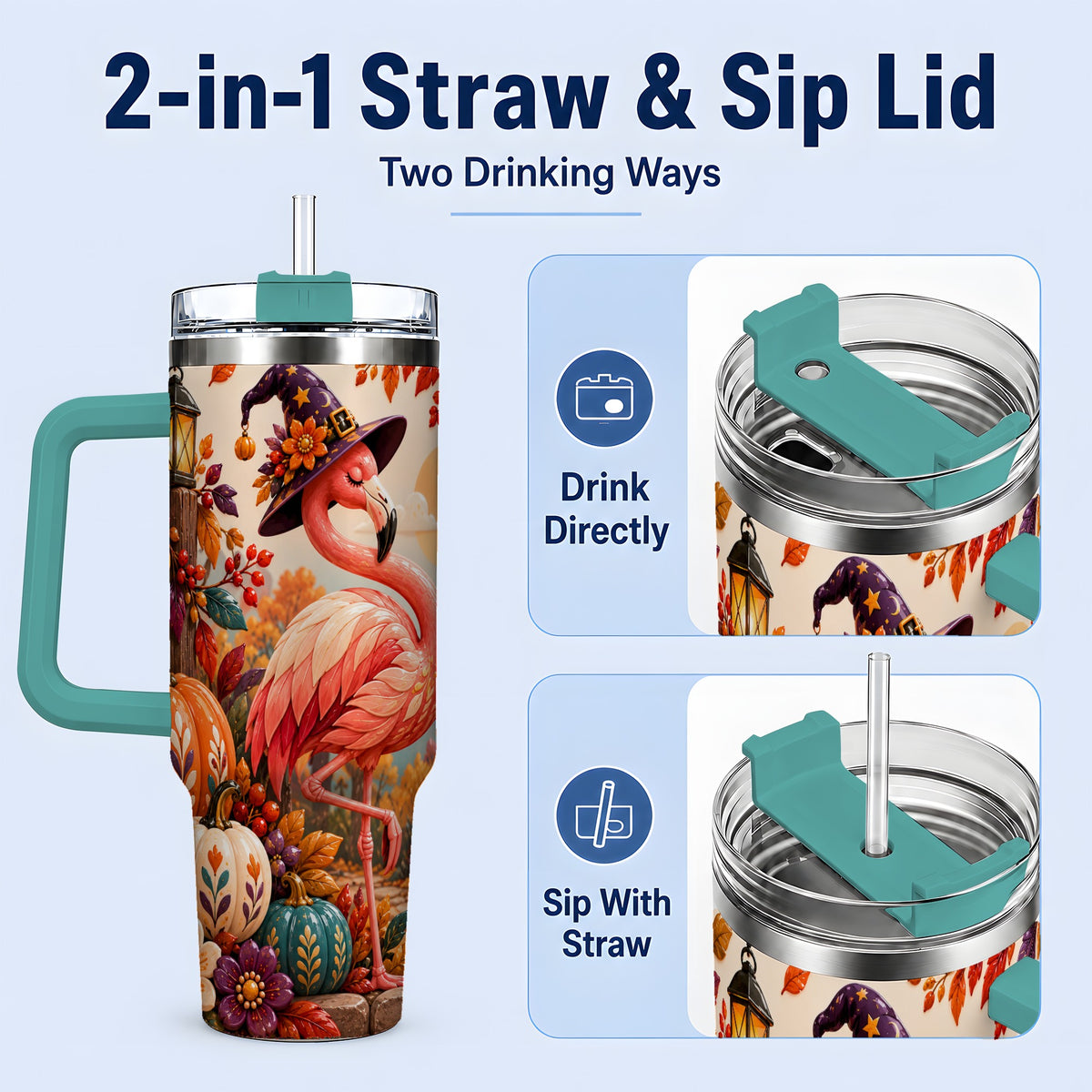 #pl[40oz|Green] Halloween Flamingo 40oz Tumbler, Witch Hat Pumpkin Art for Fall Fans