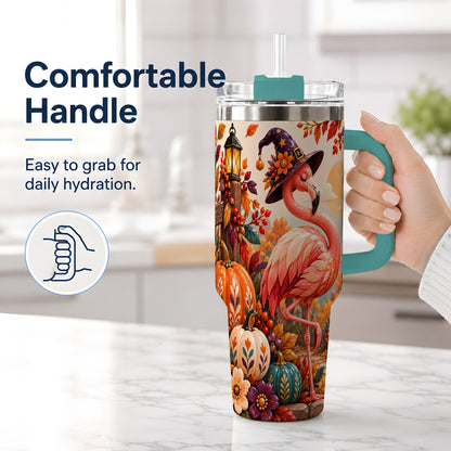 #pl[40oz|Green] Halloween Flamingo 40oz Tumbler, Witch Hat Pumpkin Art for Fall Fans