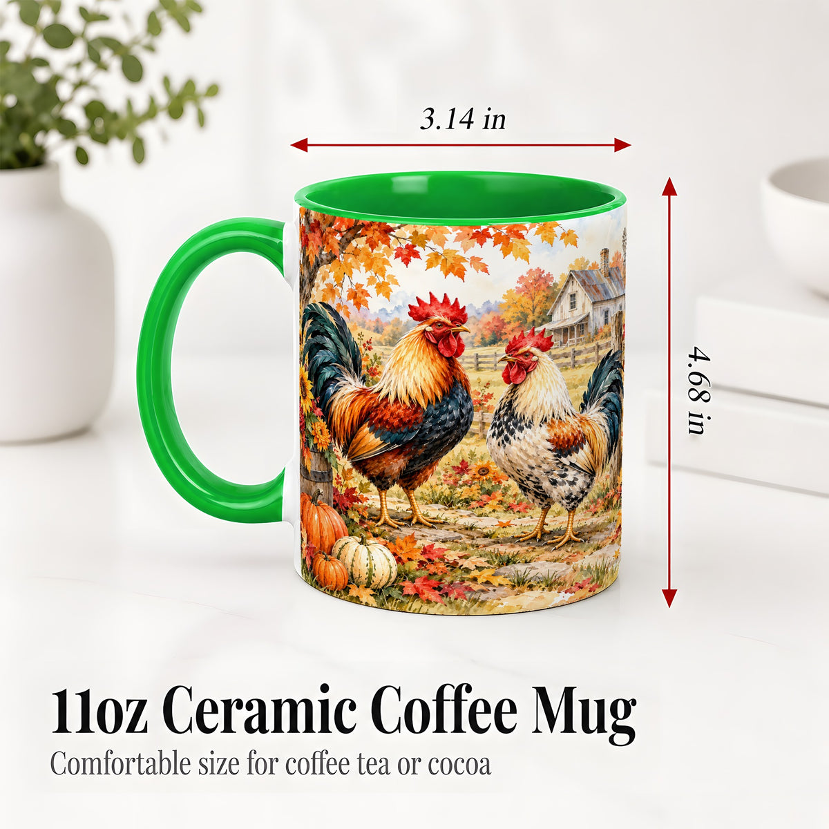 #pl[11oz|Green] Autumn Rooster Ceramic Mug with Farm, Pumpkin and Fall Leaf Artwork