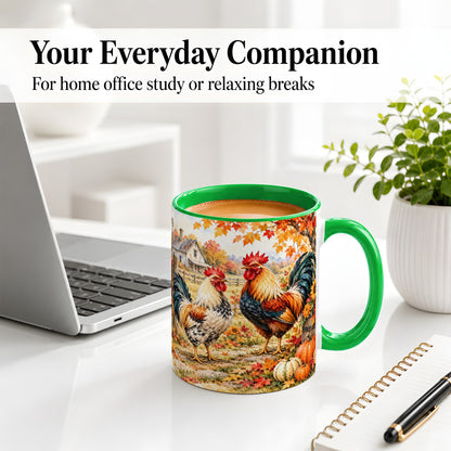 #pl[11oz|Green] Autumn Rooster Ceramic Mug with Farm, Pumpkin and Fall Leaf Artwork
