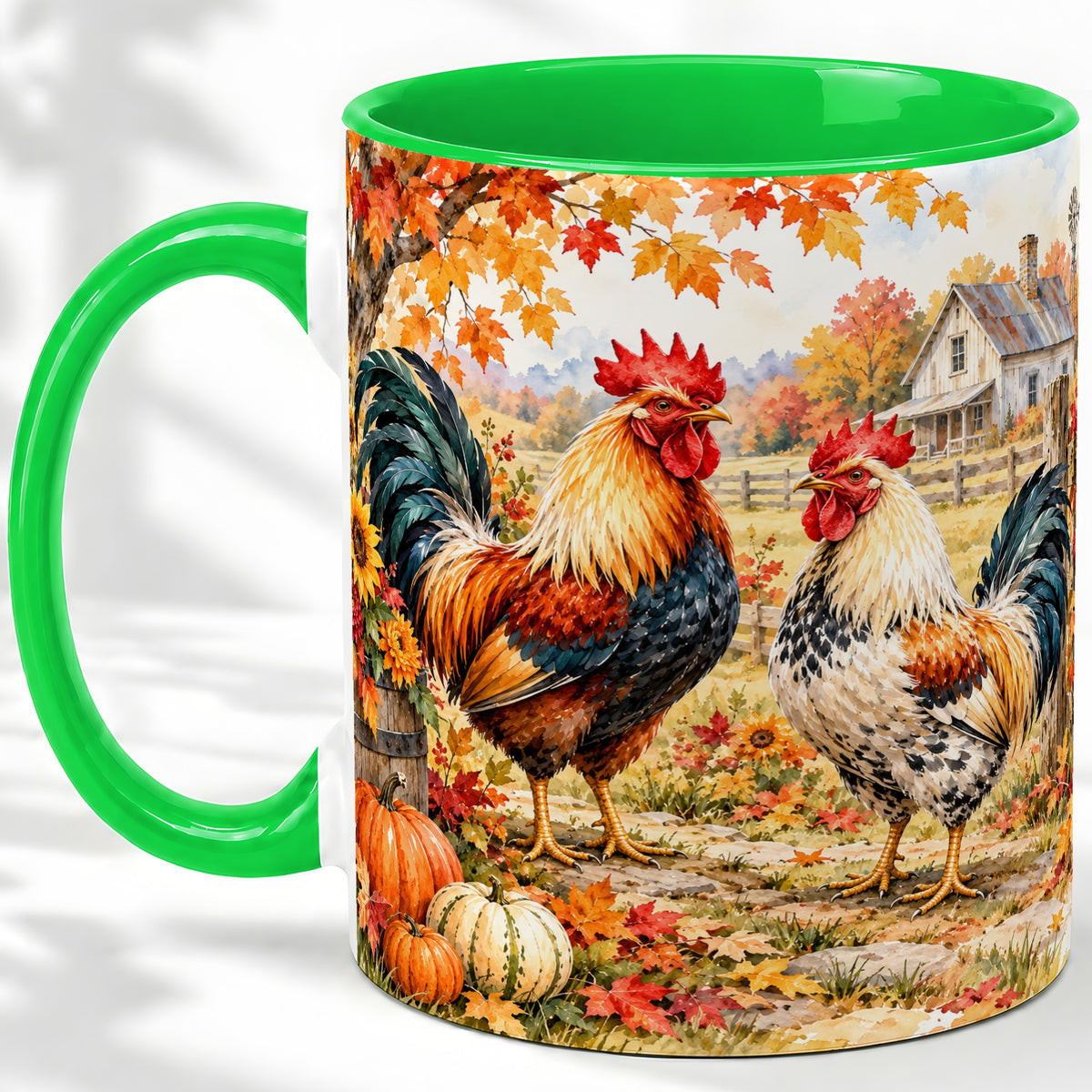 #pl[11oz|Green] Autumn Rooster Ceramic Mug with Farm, Pumpkin and Fall Leaf Artwork