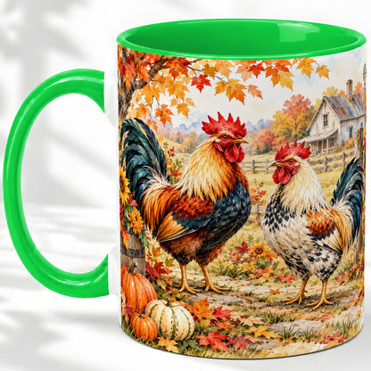 #pl[11oz|Green] Autumn Rooster Ceramic Mug with Farm, Pumpkin and Fall Leaf Artwork