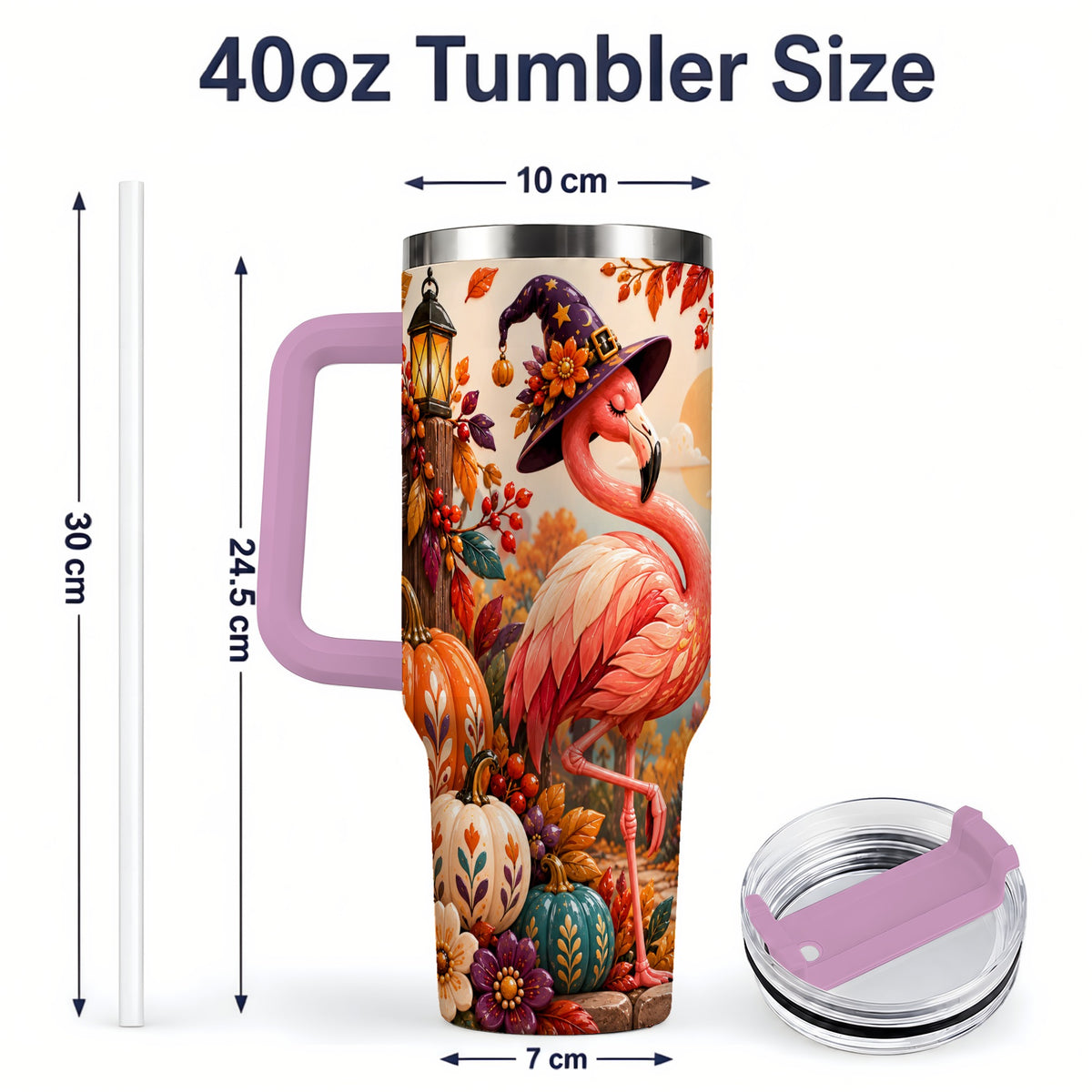 #pl[40oz|Pink] Halloween Flamingo 40oz Tumbler, Witch Hat Pumpkin Art for Fall Fans