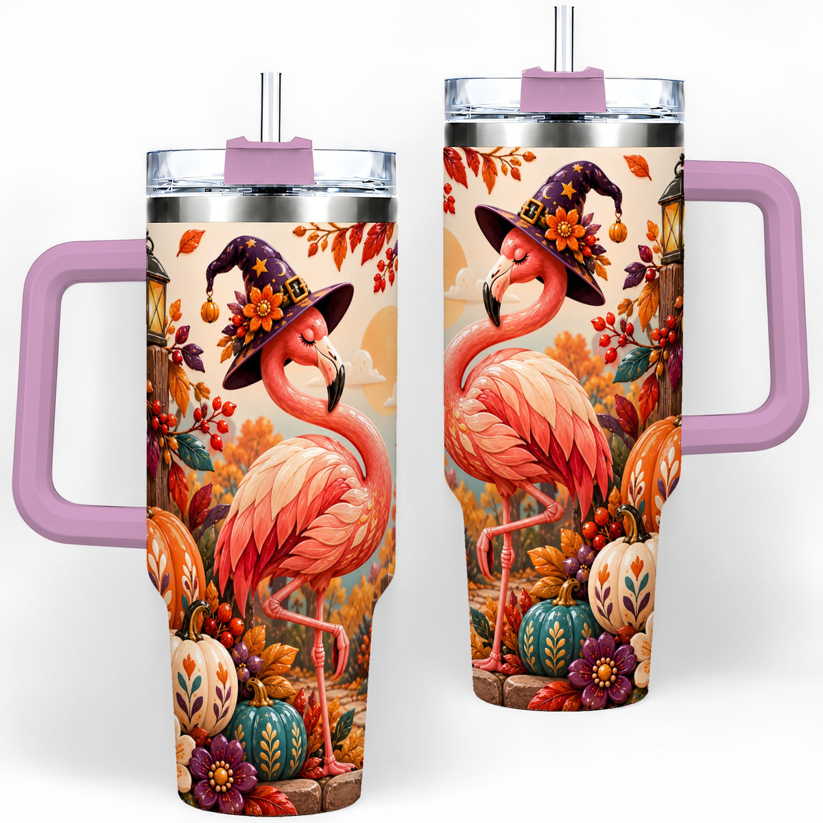 #pl[40oz|Pink] Halloween Flamingo 40oz Tumbler, Witch Hat Pumpkin Art for Fall Fans