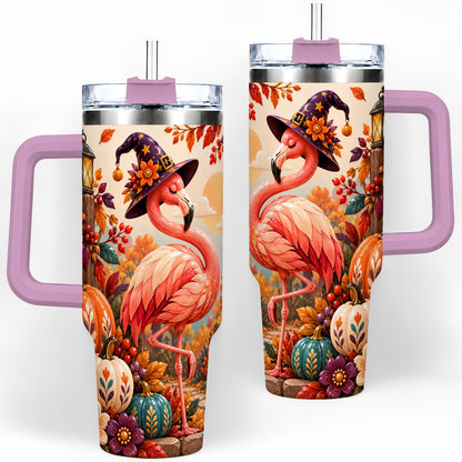 #pl[40oz|Pink] Halloween Flamingo 40oz Tumbler, Witch Hat Pumpkin Art for Fall Fans