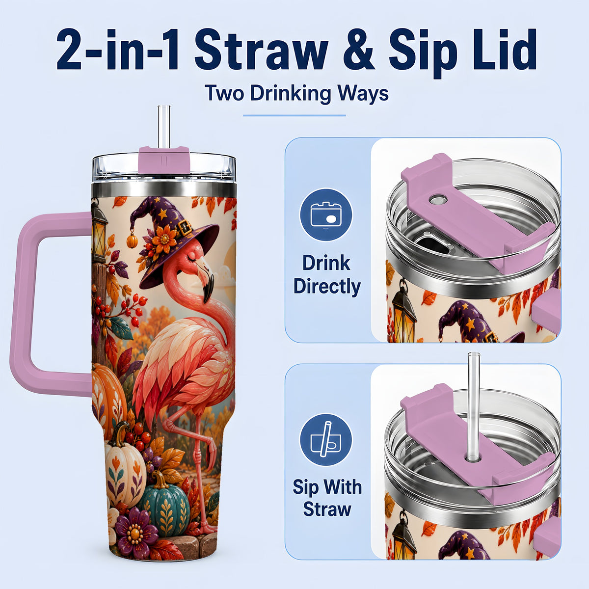 #pl[40oz|Pink] Halloween Flamingo 40oz Tumbler, Witch Hat Pumpkin Art for Fall Fans