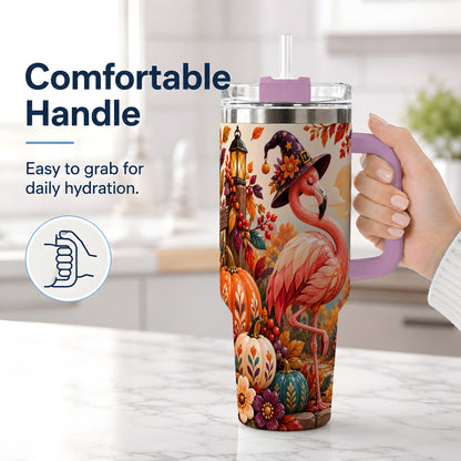 #pl[40oz|Pink] Halloween Flamingo 40oz Tumbler, Witch Hat Pumpkin Art for Fall Fans