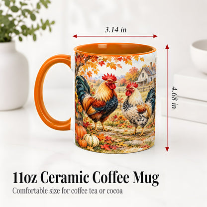 #pl[11oz|Orange] Autumn Rooster Ceramic Mug with Farm, Pumpkin and Fall Leaf Artwork