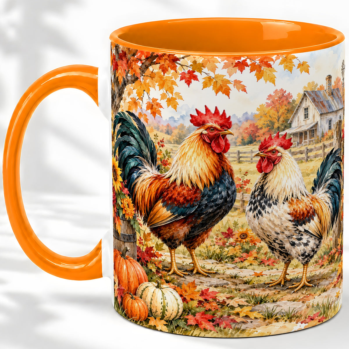 #pl[11oz|Orange] Autumn Rooster Ceramic Mug with Farm, Pumpkin and Fall Leaf Artwork