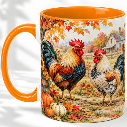 #pl[11oz|Orange] Autumn Rooster Ceramic Mug with Farm, Pumpkin and Fall Leaf Artwork