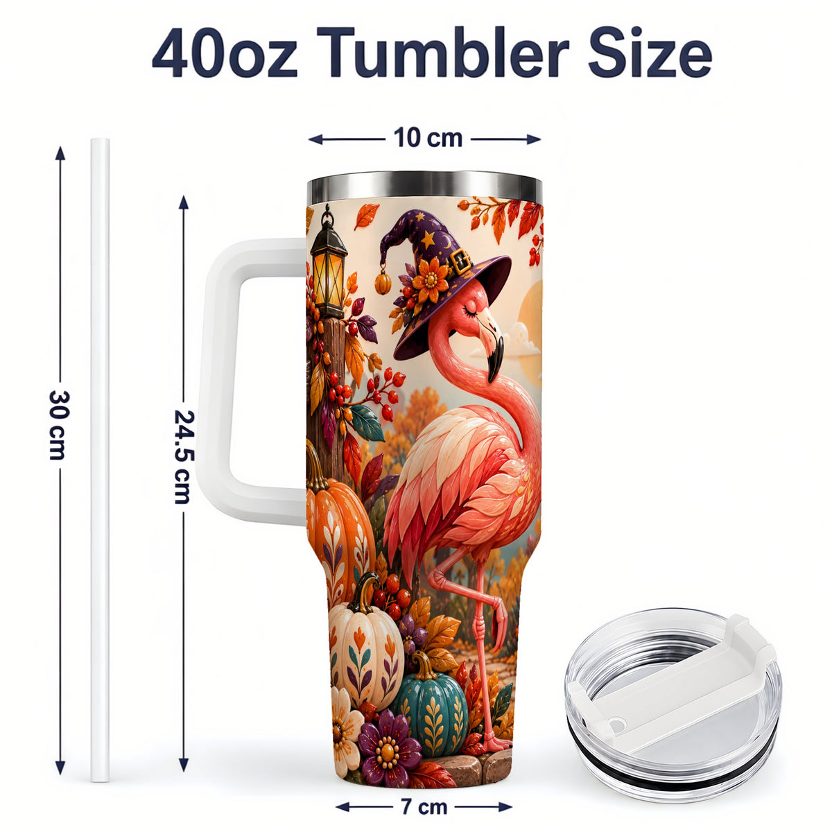 #pl[40oz|White] Halloween Flamingo 40oz Tumbler, Witch Hat Pumpkin Art for Fall Fans