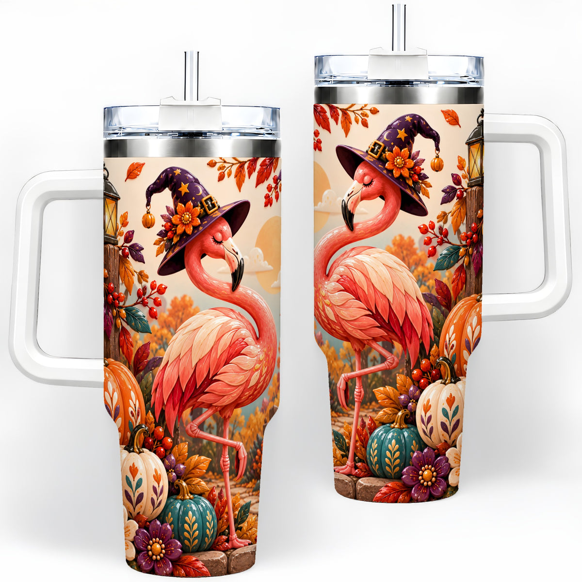 Halloween Flamingo 40oz Tumbler, Witch Hat Pumpkin Art for Fall Fans